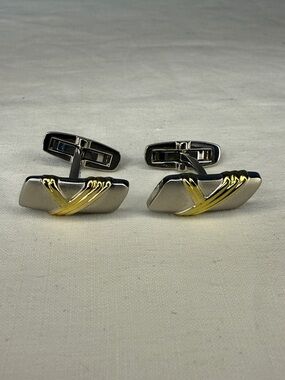 Saint Laurent YSL Two Tone Sculpted Bar Cufflinks Gold Silver 1"